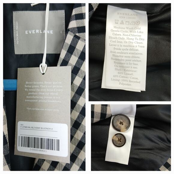 Everlane SZ 0 The ’80s Blazer Black Khaki Gingham Oversized Runs Large NWT - Picture 5 of 5